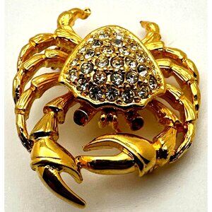 Whimsy Crab Brooch Pin Rhinestones Red Eyes Gold Tone Figural Ocean